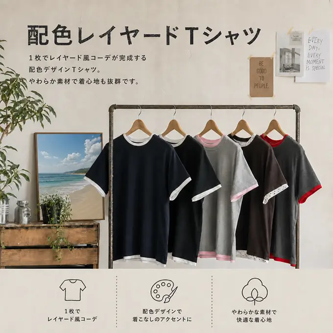 配色レイヤードTシャツ